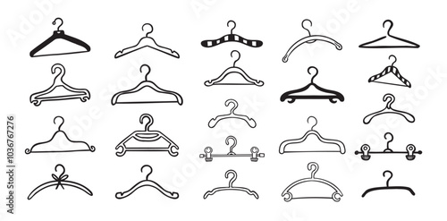 Hand drawn doodle clothes hangers set. Vector fashion hanger icon collection.