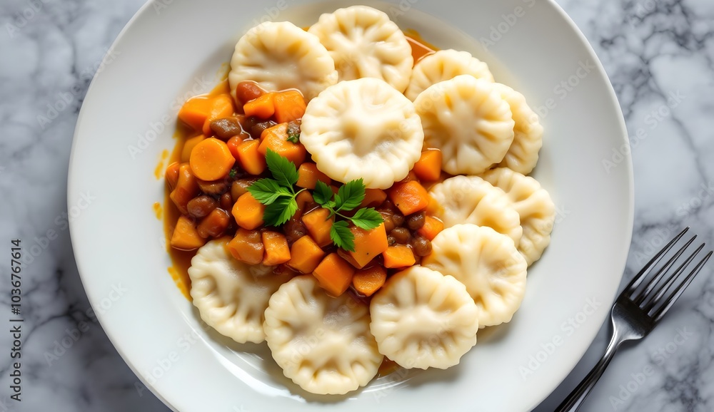 Knedliky Bread Dumplings with Vegetable Stew (Ukrainian Cuisine) Knedliky Bread Dumplings with Vegetable Stew (Ukrainian Cuisine)