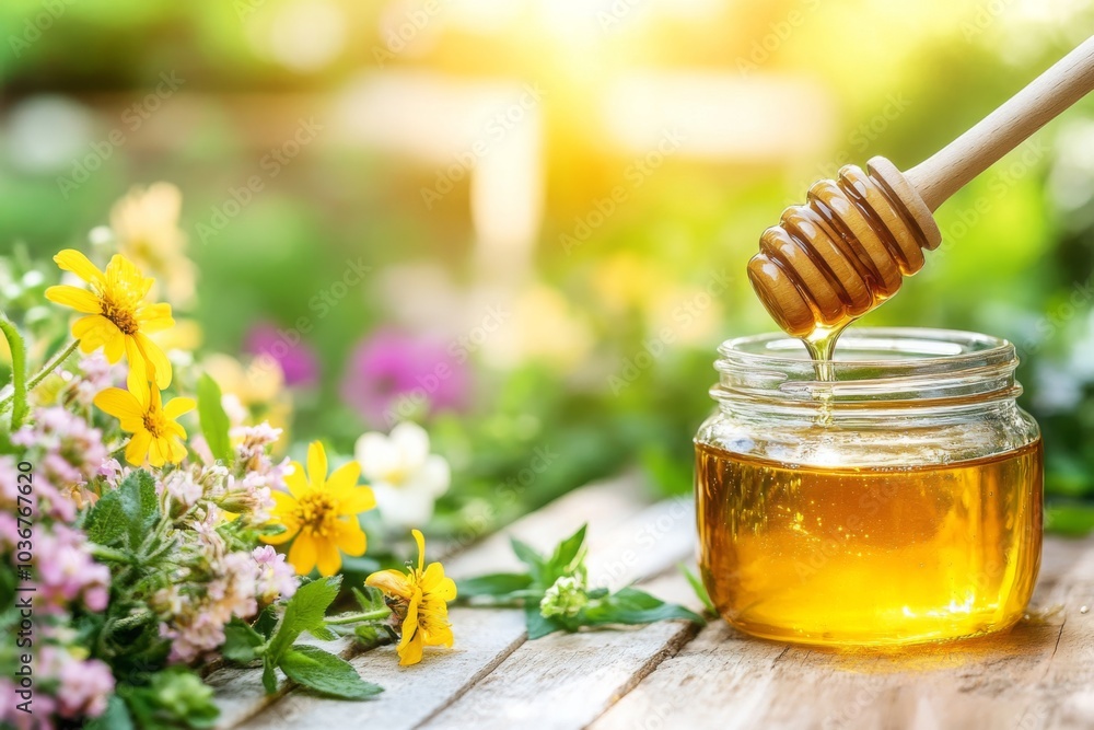 Golden Honey Dripping in Sunny Garden with Colorful Flowers Golden Honey Dripping in Sunny Garden with Colorful Flowers