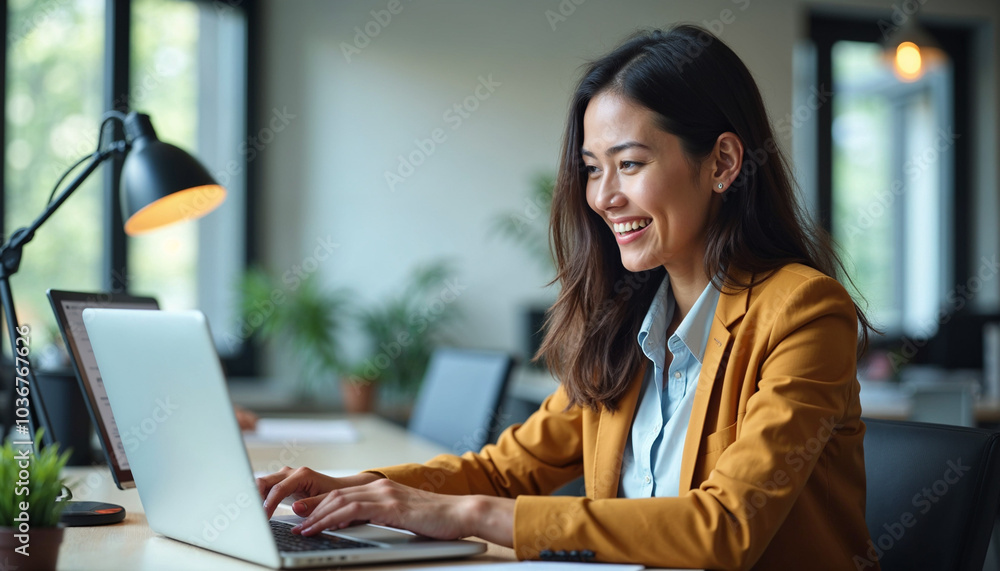 Young happy professional business woman worker employee sitting at desk working on laptop in corporate office. Smiling female student using computer technology learning online, doing web research. Young happy professional business woman worker employee sitting at desk working on laptop in corporate office. Smiling female student using computer technology learning online, doing web research.
