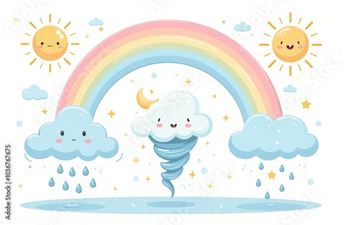 Cloud rain weather cartoon cute set. Cloud, sun, moon weather character with smile and angry face. Hand drawn doodle sketch style. Rainbow, wind, tornado doodle characte photo