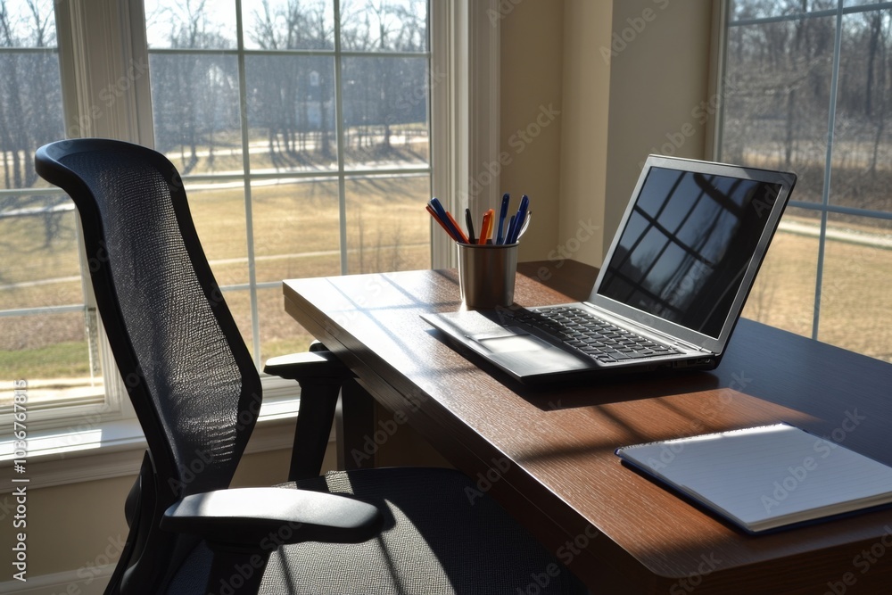 Sunlit Home Office with Laptop and Stationery on Wooden Desk