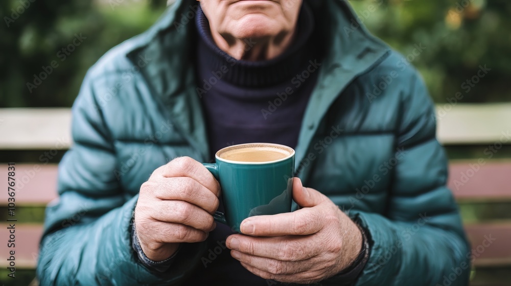Middle-aged man with slight tremor holding cup of coffee on park bench, symbolizing struggle with Parkinson's disease, calm natural setting. Middle-aged man with slight tremor holding cup of coffee on park bench, symbolizing struggle with Parkinson's disease, calm natural setting.