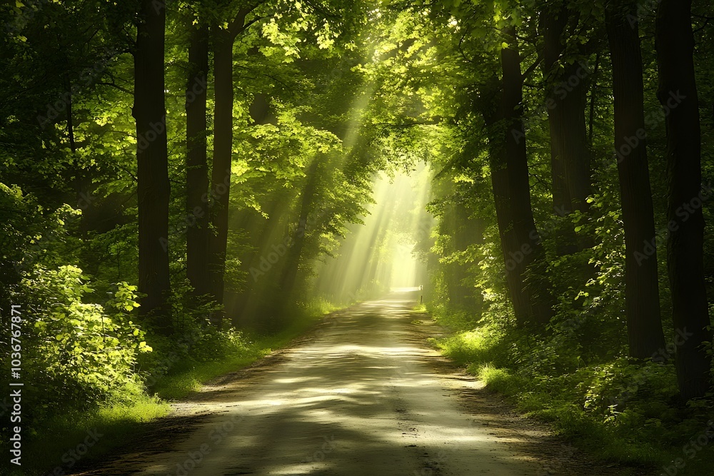 Fototapeta premium Sunbeams Illuminating a Forest Path
