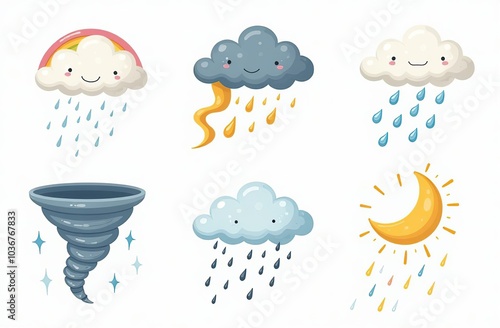 Cloud rain weather cartoon cute set. Cloud, sun, moon weather character with smile and angry face. Hand drawn doodle sketch style. Rainbow, wind, tornado doodle characte