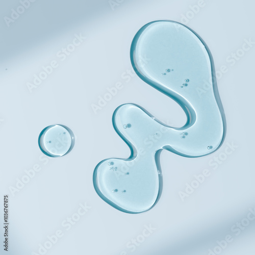 Blue liquid oil drops, 3d rendering beauty product face serum cosmetic minimalist background