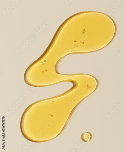 Close-up of golden oil drops, 3d rendering beauty product face serum cosmetic minimalist background