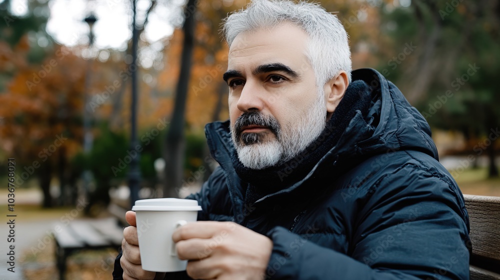 Middle-aged man with slight tremor holding cup of coffee on park bench, symbolizing struggle with Parkinson's disease, calm natural setting. Middle-aged man with slight tremor holding cup of coffee on park bench, symbolizing struggle with Parkinson's disease, calm natural setting.