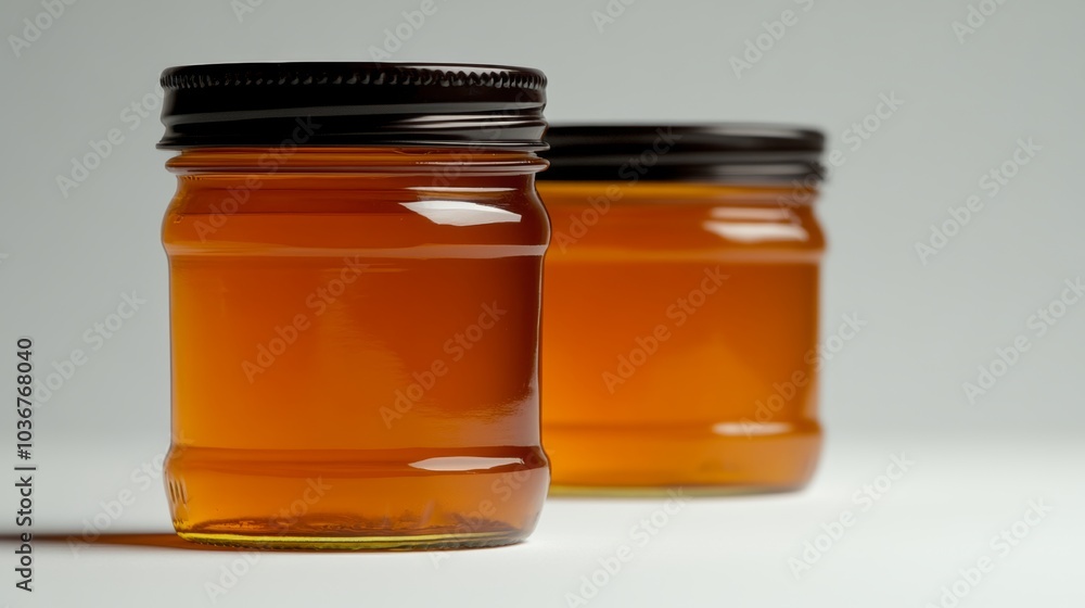 Glass Jars of Honey with Black Lids on White Background Glass Jars of Honey with Black Lids on White Background