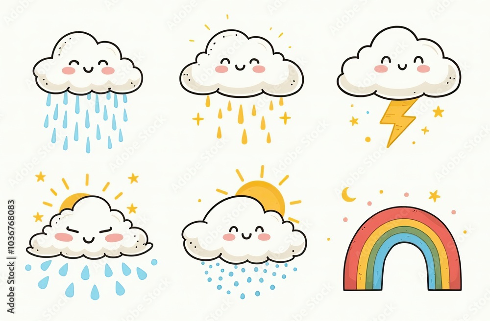Cloud rain weather cartoon cute set. Cloud, sun, moon weather character with smile and angry face. Hand drawn doodle sketch style. Rainbow, wind, tornado doodle characte Cloud rain weather cartoon cute set. Cloud, sun, moon weather character with smile and angry face. Hand drawn doodle sketch style. Rainbow, wind, tornado doodle characte