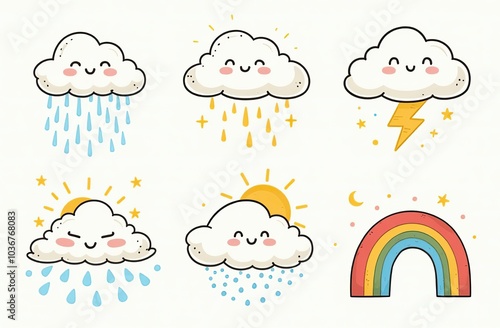 Cloud rain weather cartoon cute set. Cloud, sun, moon weather character with smile and angry face. Hand drawn doodle sketch style. Rainbow, wind, tornado doodle characte