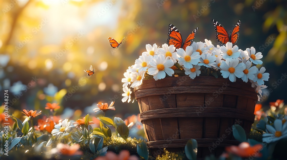 Artistic 3D rendering of a rustic wooden basket filled with fresh white blossoms and butterflies gracefully perched on the flowers all against a vibrant spring background that enhances the scene Artistic 3D rendering of a rustic wooden basket filled with fresh white blossoms and butterflies gracefully perched on the flowers all against a vibrant spring background that enhances the scene