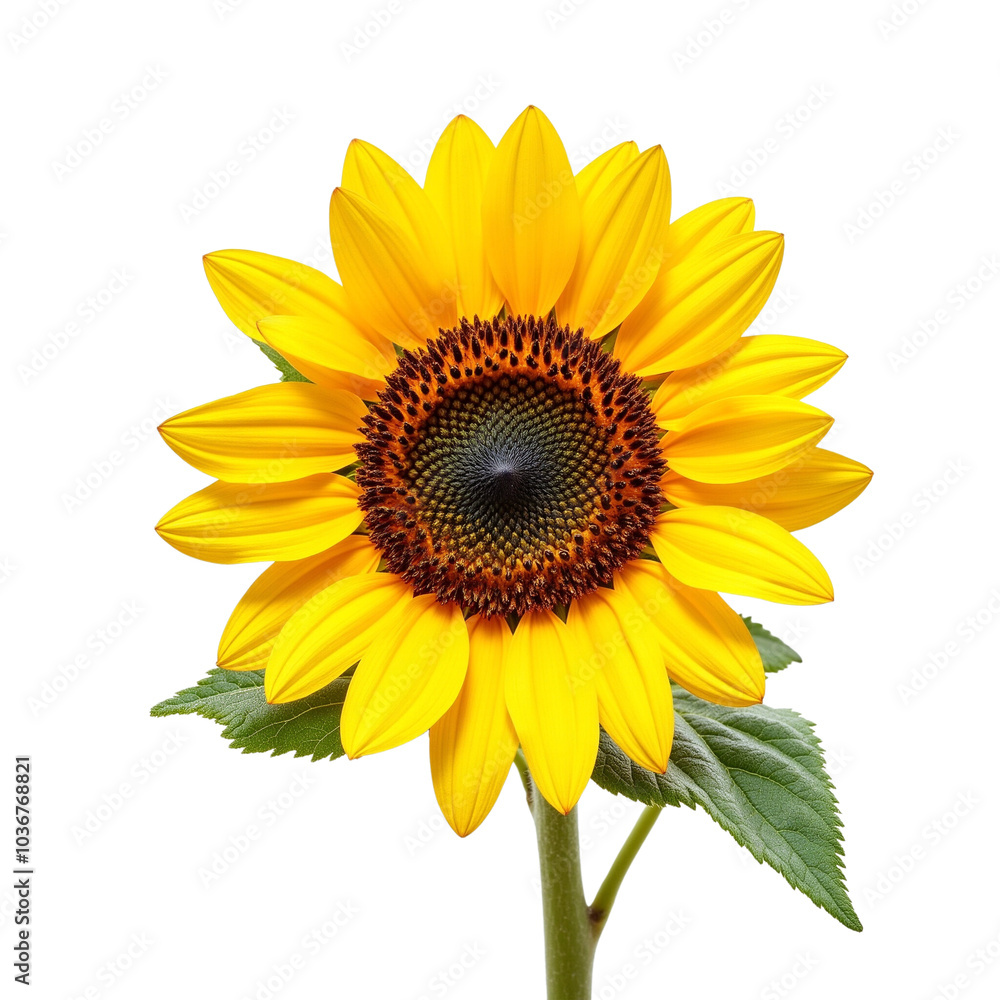 Bright Yellow Sunflower in Full Bloom with Green Leaves Bright Yellow Sunflower in Full Bloom with Green Leaves