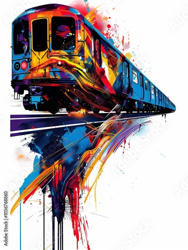 graffiti t-shirt design of a subway train speeding by in a blur in white background