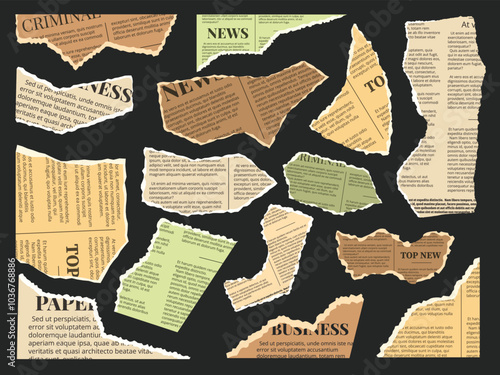 Vintage newspaper scrapbook elements. Ripped old zine pages, torn paper pieces with news articles text snippets. Collage clippings with jagged edges isolated vector set.