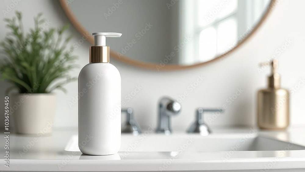White cosmetic bottle with a dispenser placed on a bathroom sink. Ideal for promoting liquid soap, lotion, or skincare products in a contemporary and sleek home setting White cosmetic bottle with a dispenser placed on a bathroom sink. Ideal for promoting liquid soap, lotion, or skincare products in a contemporary and sleek home setting