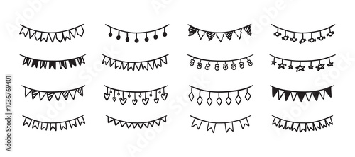 Holiday bunting doodle set. Hand drawn outline birthday garland of flags, hearts, stars, circles. Children doodle drawing