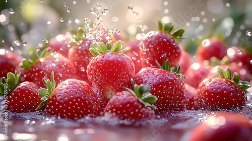 A vibrant display of fresh, juicy red strawberries splashing in water, capturing nature's beauty and the refreshing essence of summer. Perfectly ripened and glistening.