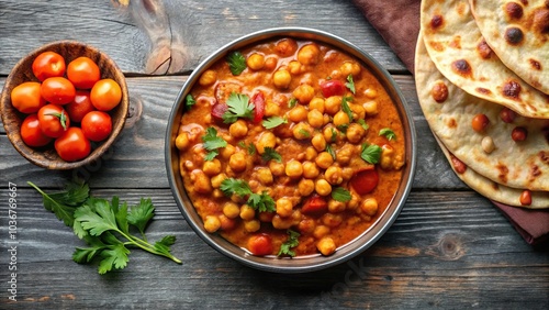 Aerial view of chana masala chickpea curry served with chapati