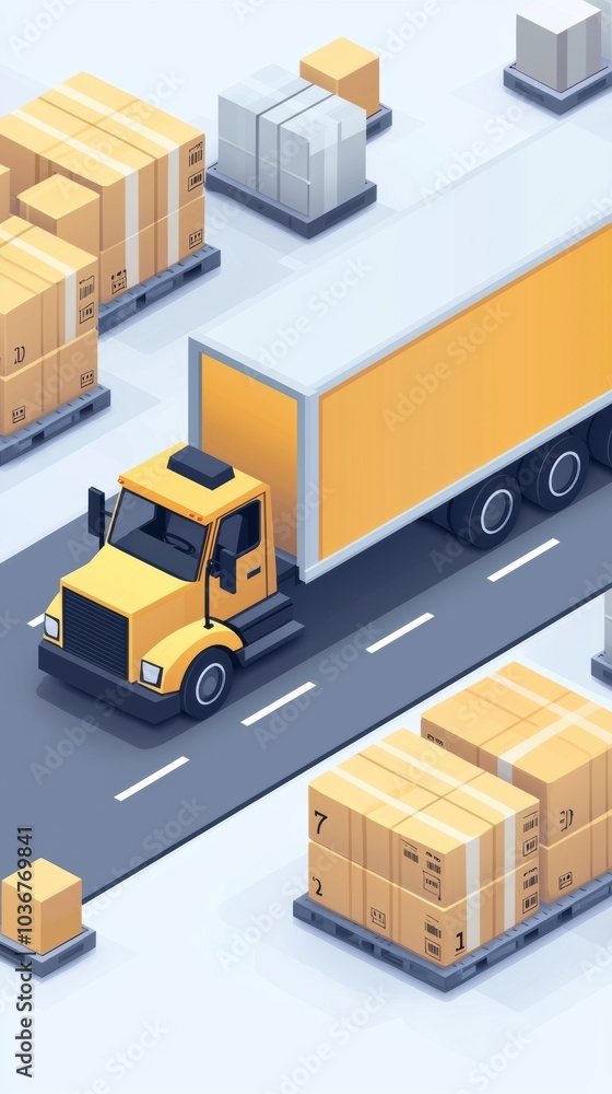 A bright yellow truck drives along a road surrounded by stacked delivery boxes, representing transportation and logistics. A bright yellow truck drives along a road surrounded by stacked delivery boxes, representing transportation and logistics.