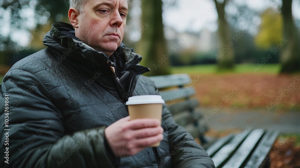 Middle-aged man with slight tremor holding cup of coffee on park bench, symbolizing struggle with Parkinson's disease, calm natural setting. Middle-aged man with slight tremor holding cup of coffee on park bench, symbolizing struggle with Parkinson's disease, calm natural setting.
