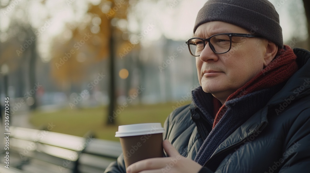 Middle-aged man with slight tremor holding cup of coffee on park bench, symbolizing struggle with Parkinson's disease, calm natural setting. Middle-aged man with slight tremor holding cup of coffee on park bench, symbolizing struggle with Parkinson's disease, calm natural setting.