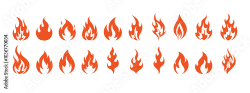 Fire symbols isolated icon flat set on white background. Blaze silhouette element