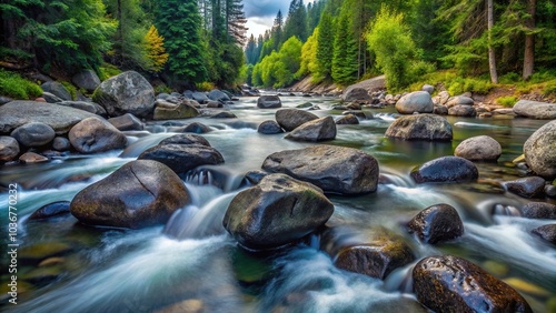 black boulders scattered along puyallup creek in mount rainier national park photo