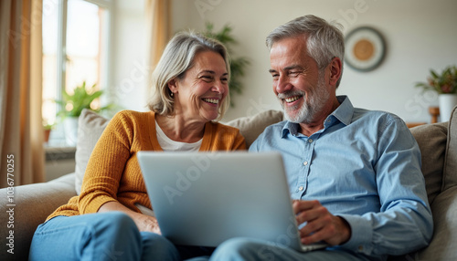 Happy middle aged couple using laptop computer relaxing on couch at home. Smiling mature man and woman talking having fun laughing with device sitting on sofa in sunny living room. Candid shot. 