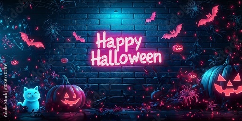 A happy Halloween banner with spooky spiders, black cats and scary pumpkins for the most spooky day of October- ai generated