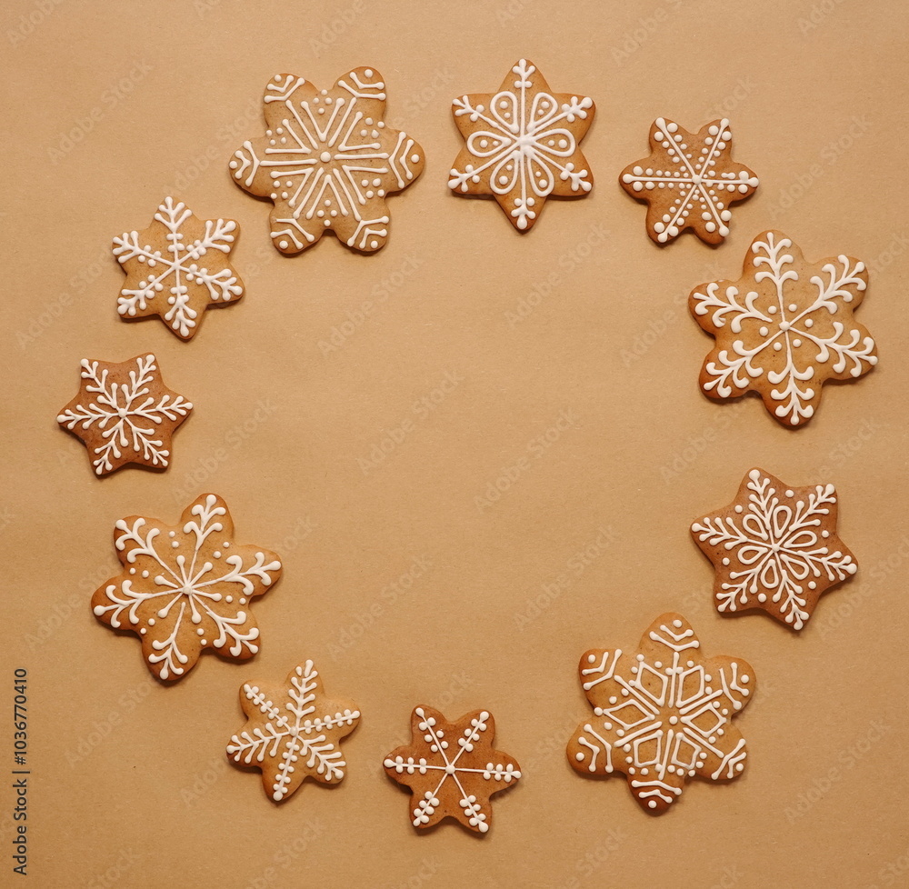 Gingerbread Snowflake Cookies Decorative Circle Top View Brown Background Gingerbread Snowflake Cookies Decorative Circle Top View Brown Background