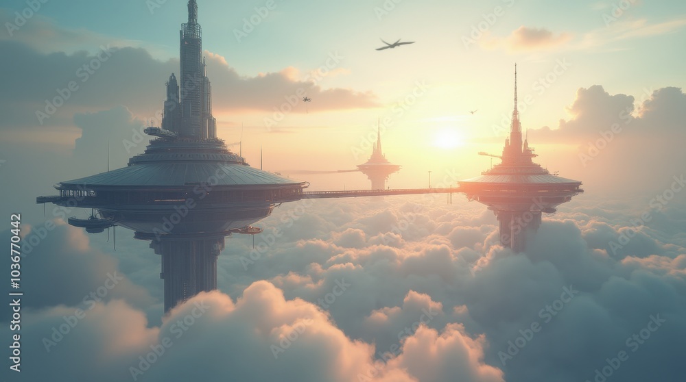 A futuristic city built on massive floating platforms high above the clouds; the city is sleek and modern, with soaring skyscrapers made of glass and metal, connected by suspended walkways. A futuristic city built on massive floating platforms high above the clouds; the city is sleek and modern, with soaring skyscrapers made of glass and metal, connected by suspended walkways.