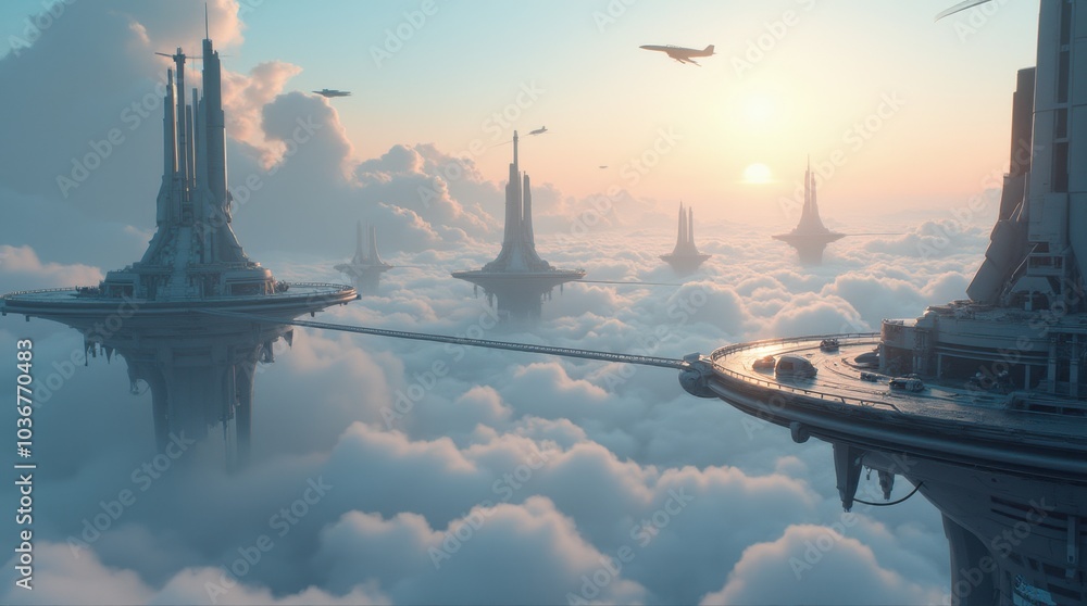 A futuristic city built on massive floating platforms high above the clouds; the city is sleek and modern, with soaring skyscrapers made of glass and metal, connected by suspended walkways. A futuristic city built on massive floating platforms high above the clouds; the city is sleek and modern, with soaring skyscrapers made of glass and metal, connected by suspended walkways.
