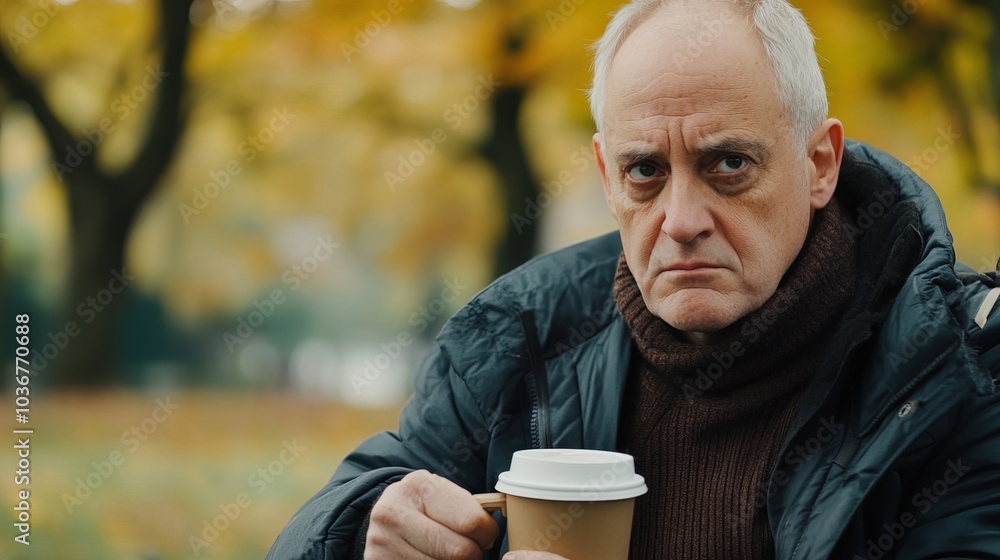 Middle-aged man with slight tremor holding cup of coffee on park bench, symbolizing struggle with Parkinson's disease, calm natural setting. Middle-aged man with slight tremor holding cup of coffee on park bench, symbolizing struggle with Parkinson's disease, calm natural setting.