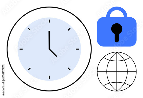 Clock showing 3 oclock a blue lock and a globe. Ideal for time management security global connectivity internet usage and scheduling themes. Simple clear vector style in blue and black