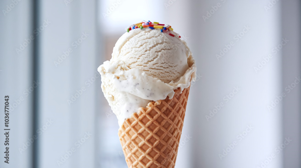 A waffle cone filled with creamy vanilla ice cream on a bright background, perfect for summer treats, dessert menus, and food photography needs. A waffle cone filled with creamy vanilla ice cream on a bright background, perfect for summer treats, dessert menus, and food photography needs.
