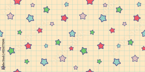 Cute colorful stars on yellow checkered background seamless vector pattern tile. Cover and textile kids print