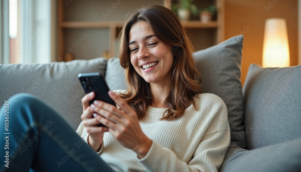 Smiling relaxed young woman sitting on couch using cell phone technology, happy lady holding smartphone, scrolling, looking at cellphone enjoying doing online ecommerce shopping in mobile apps. Smiling relaxed young woman sitting on couch using cell phone technology, happy lady holding smartphone, scrolling, looking at cellphone enjoying doing online ecommerce shopping in mobile apps.