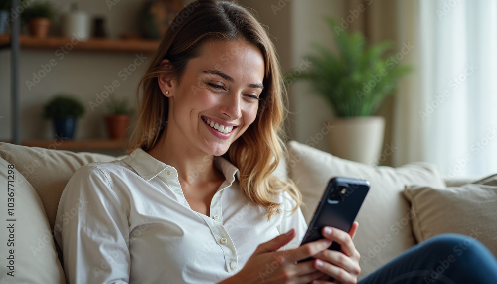 Smiling relaxed young woman sitting on couch using cell phone technology, happy lady holding smartphone, scrolling, looking at cellphone enjoying doing online ecommerce shopping in mobile apps. Smiling relaxed young woman sitting on couch using cell phone technology, happy lady holding smartphone, scrolling, looking at cellphone enjoying doing online ecommerce shopping in mobile apps.