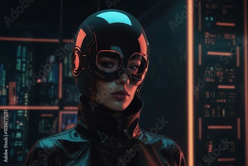 Portrait of a Masked Futuristic Human A Retrofuturistic Moodboard Featuring Cyberpunk Aesthetics and Dramatic Split Toning Lighting in Contemporary Illustration Style photo