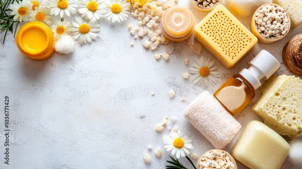 Spa Products and Daisies on White Background with Copy Space