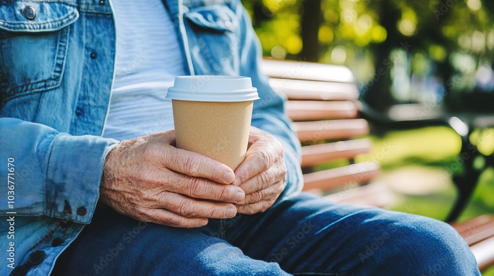 Middle-aged man with slight tremor holding cup of coffee on park bench, symbolizing struggle with Parkinson's disease, calm natural setting. Middle-aged man with slight tremor holding cup of coffee on park bench, symbolizing struggle with Parkinson's disease, calm natural setting.