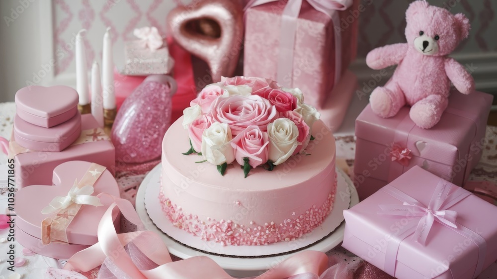 A beautifully decorated pink cake surrounded by an assortment of pink presents on a festive table A beautifully decorated pink cake surrounded by an assortment of pink presents on a festive table