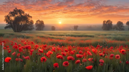 A vibrant field of red poppies basking in warm sunlight, blooming under a clear summer sky