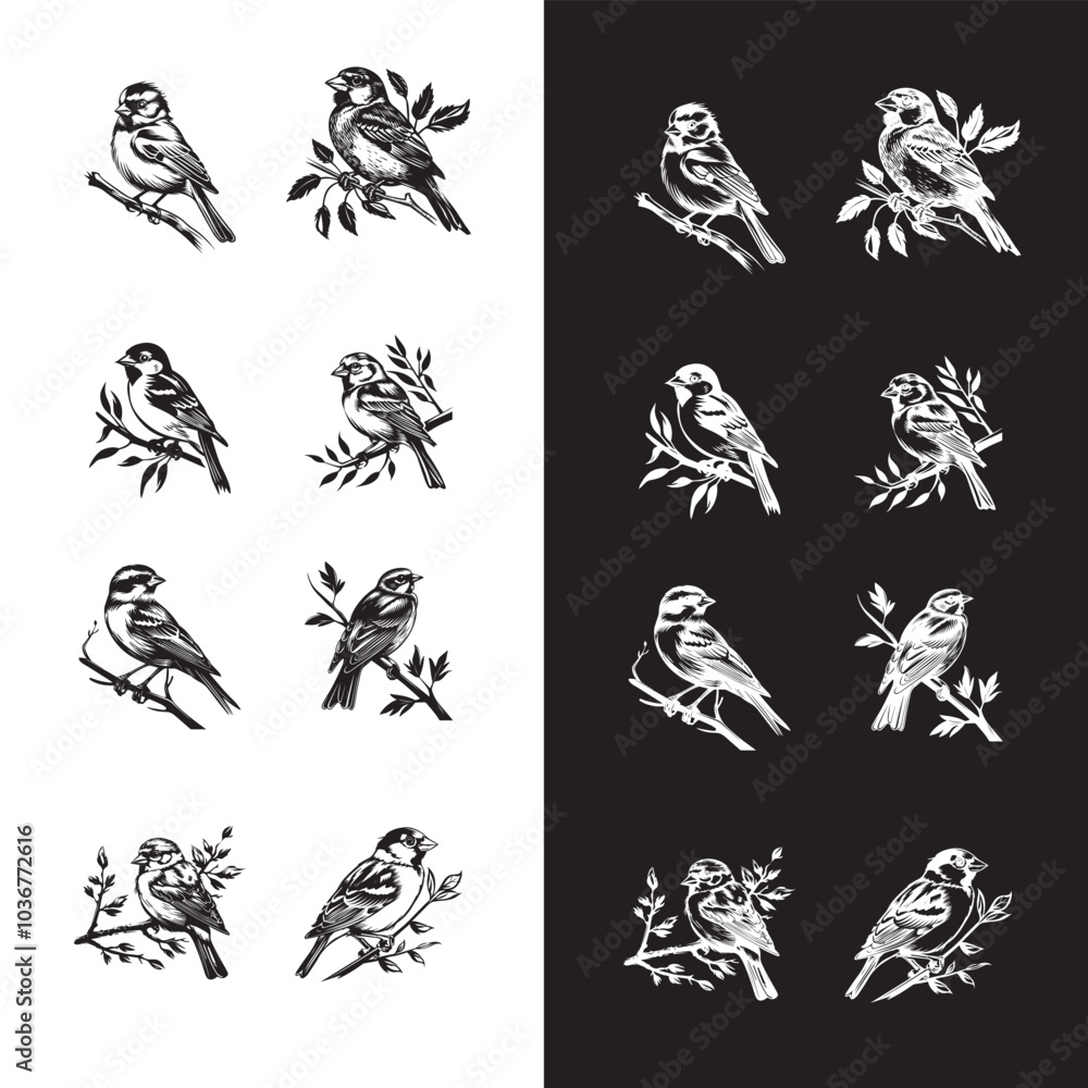 Fototapeta premium Black and White Cute Sparrow Sticker: Minimalist Bird Illustration
