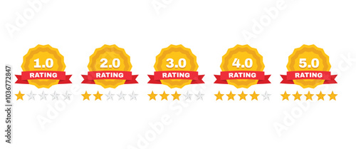 Five star rating badge. Quality rate label with ribbon, customer satisfaction levels and feedback stars. Review ratings and product ranking badges vector set.