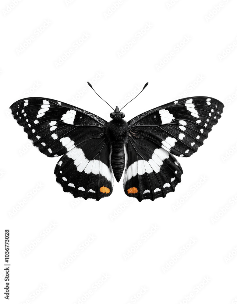 Close-up of a Black and White Butterfly with Orange Spots on Wings Close-up of a Black and White Butterfly with Orange Spots on Wings