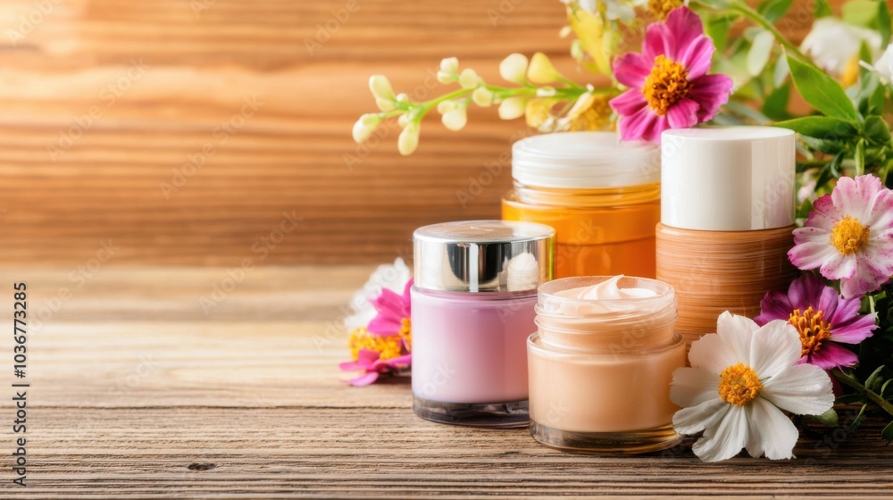 Elegant glass jars filled with colorful beauty creams and surrounded by natural flowers on a wooden table Elegant glass jars filled with colorful beauty creams and surrounded by natural flowers on a wooden table