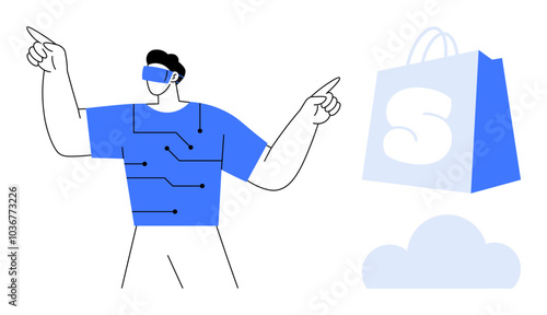 Person with VR headset interacting with digital elements surrounded by shopping bag and cloud icon. Ideal for technology innovation, virtual reality, online shopping, cloud computing, and futuristic