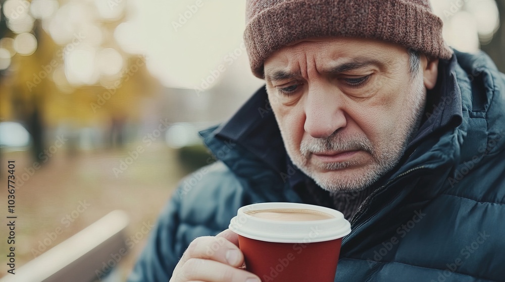 Middle-aged man with slight tremor holding cup of coffee on park bench, symbolizing struggle with Parkinson's disease, calm natural setting. Middle-aged man with slight tremor holding cup of coffee on park bench, symbolizing struggle with Parkinson's disease, calm natural setting.
